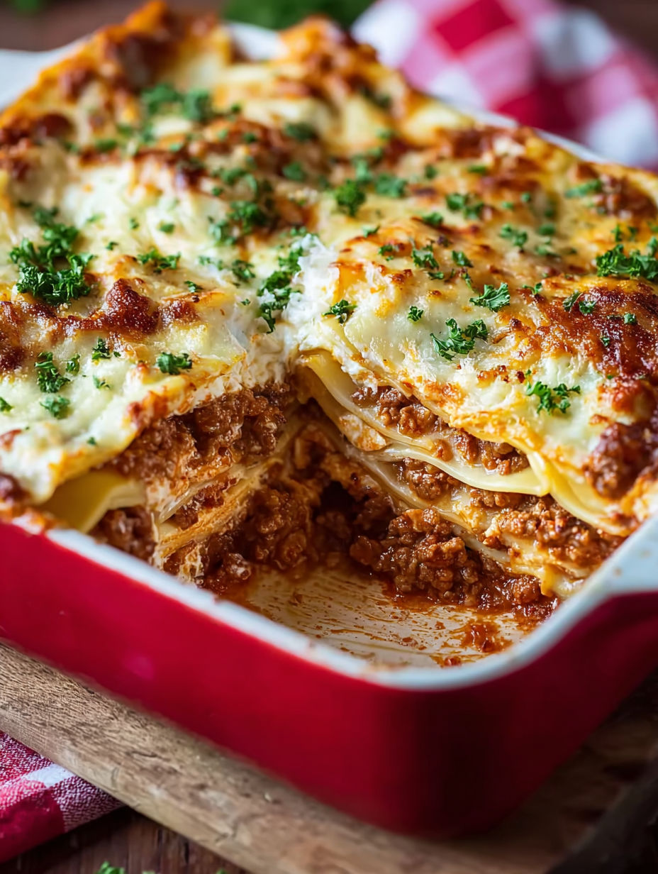 A red and white dish with lasagna in it.