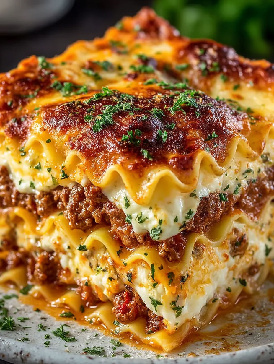 A stack of lasagna with cheese.
