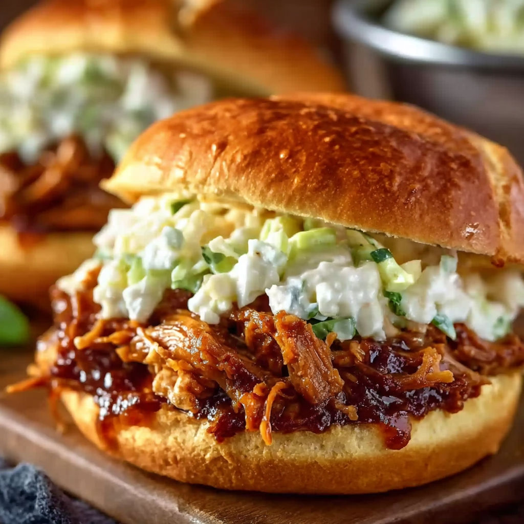 A sandwich with coleslaw and barbecue sauce.