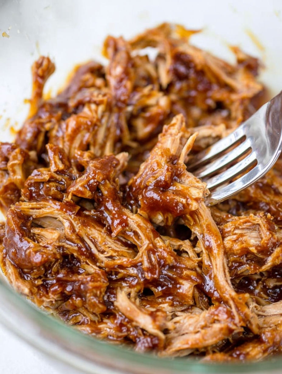 A fork is stuck in a plate of pulled pork.