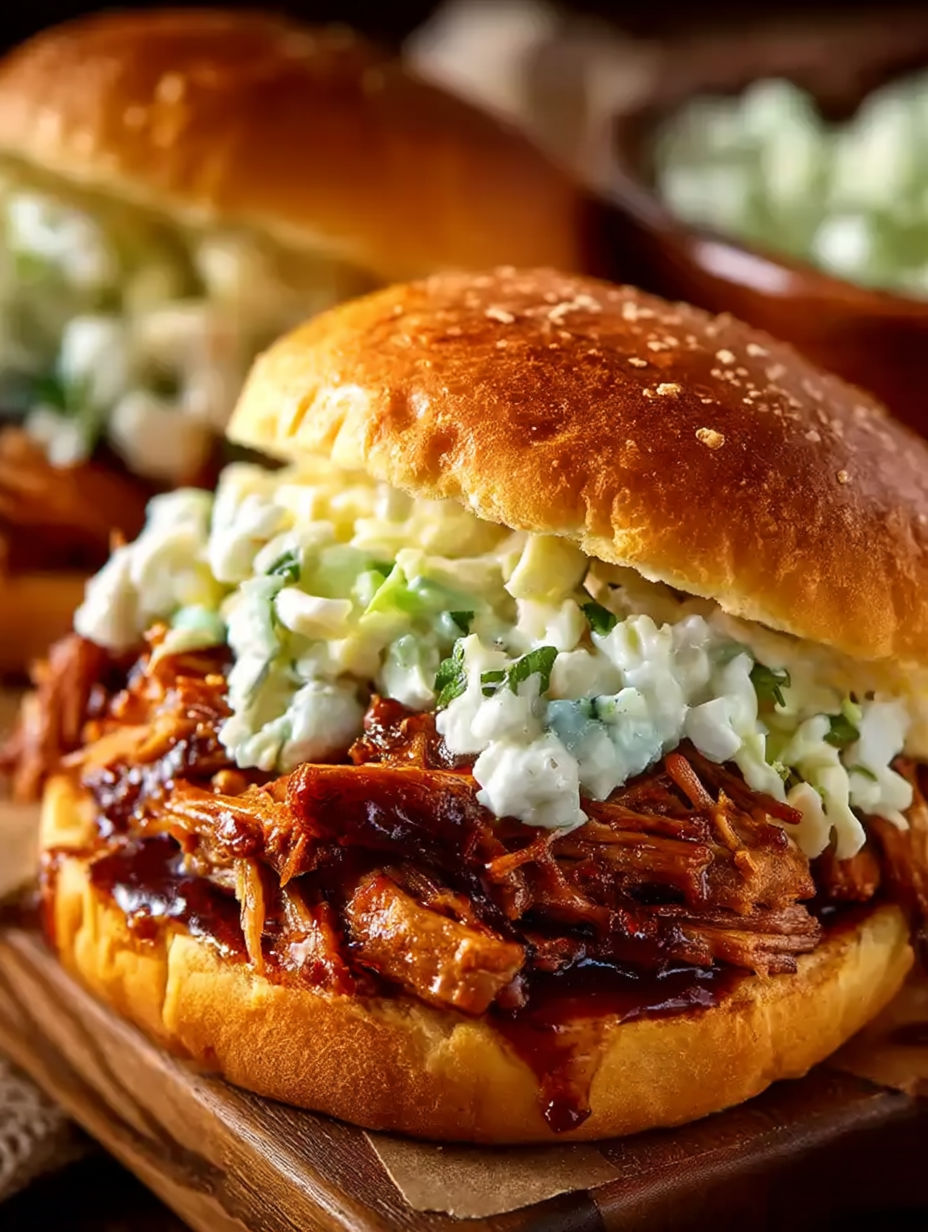 A sandwich with pulled pork and coleslaw.