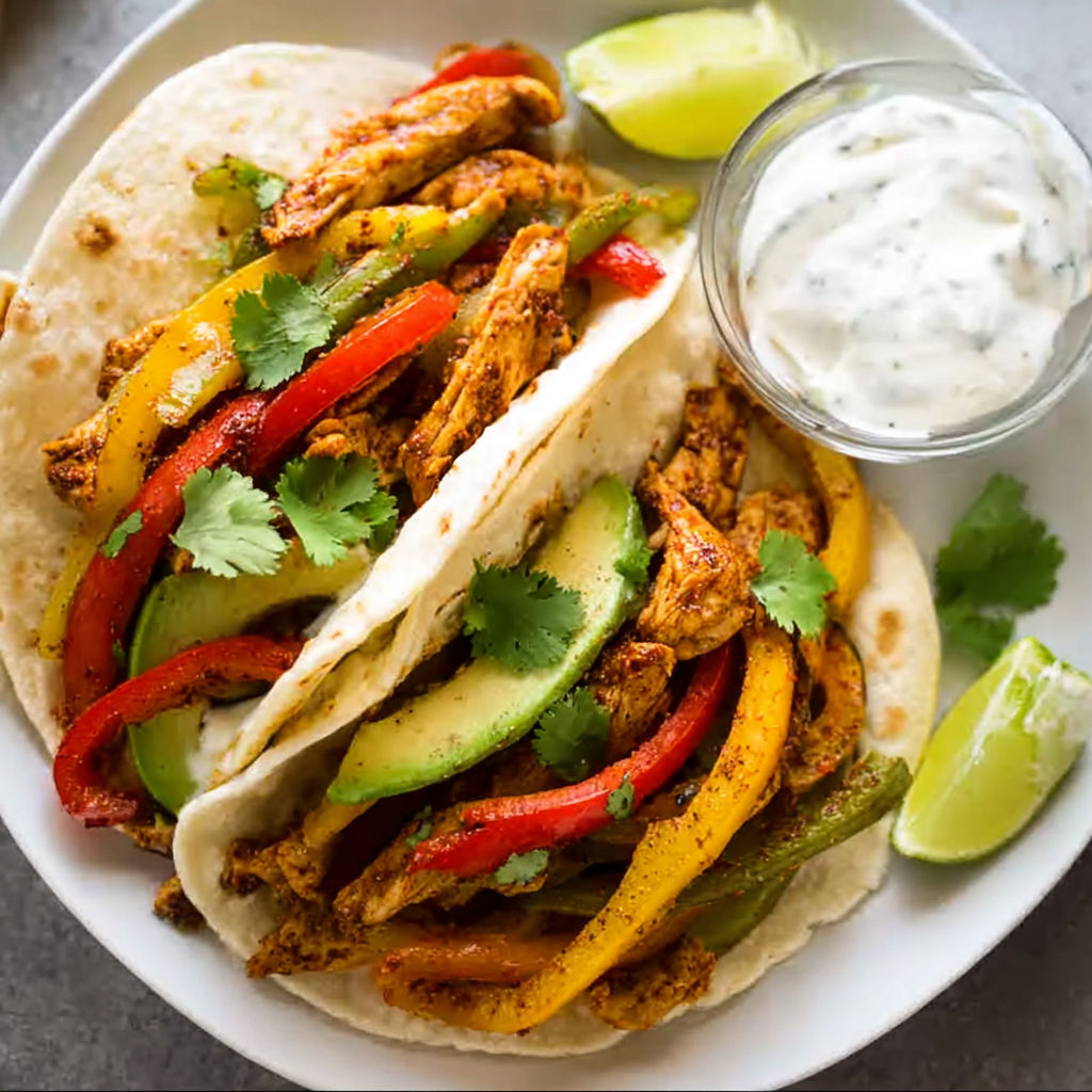 A plate of chicken fajitas with a side of sour cream.