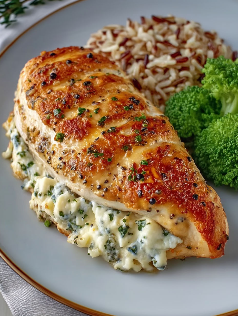 A piece of chicken with herbs and cream cheese on it.