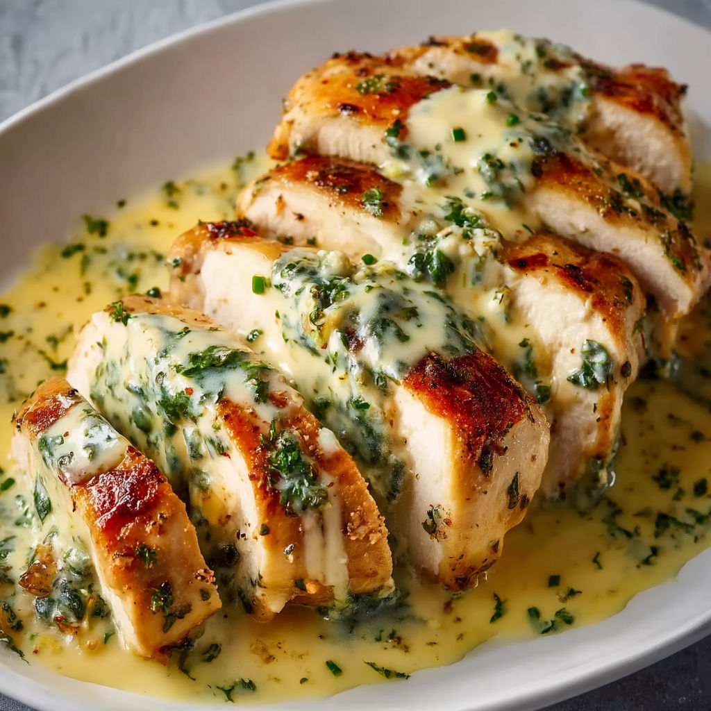 A plate of chicken with a creamy herb sauce.