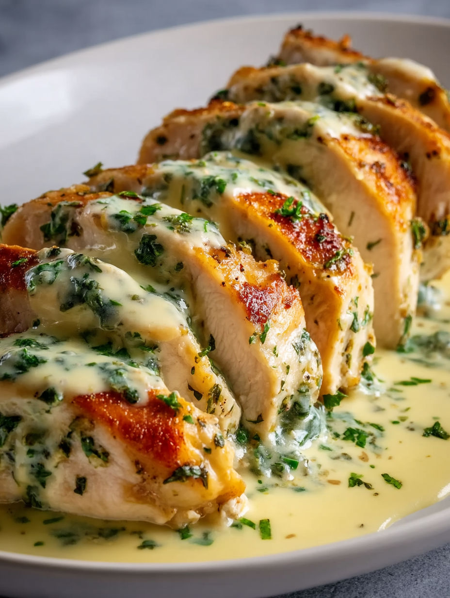 A plate of chicken with a creamy herb sauce.