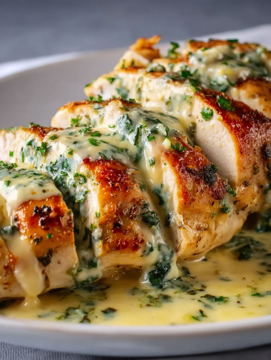 A piece of chicken with herbs and cream on top.