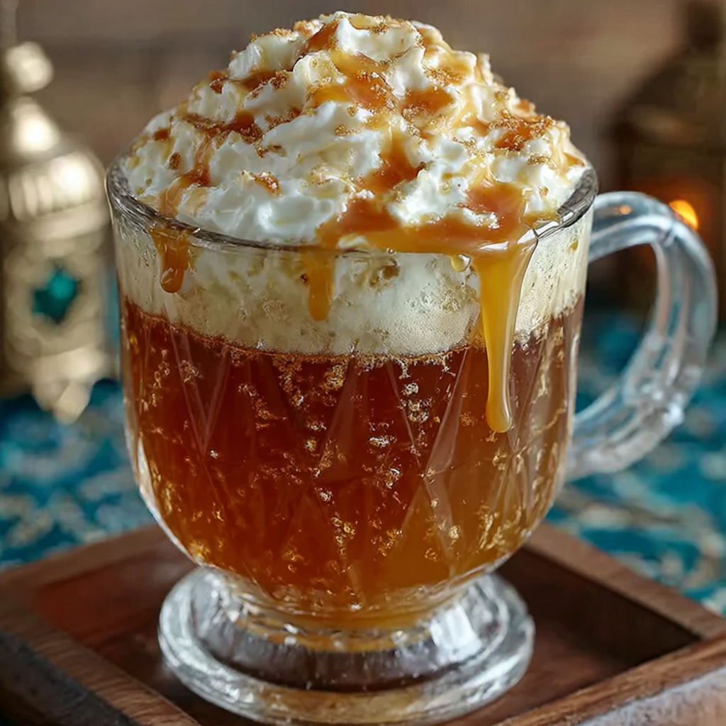 A glass of Butterbeer with whipped cream.