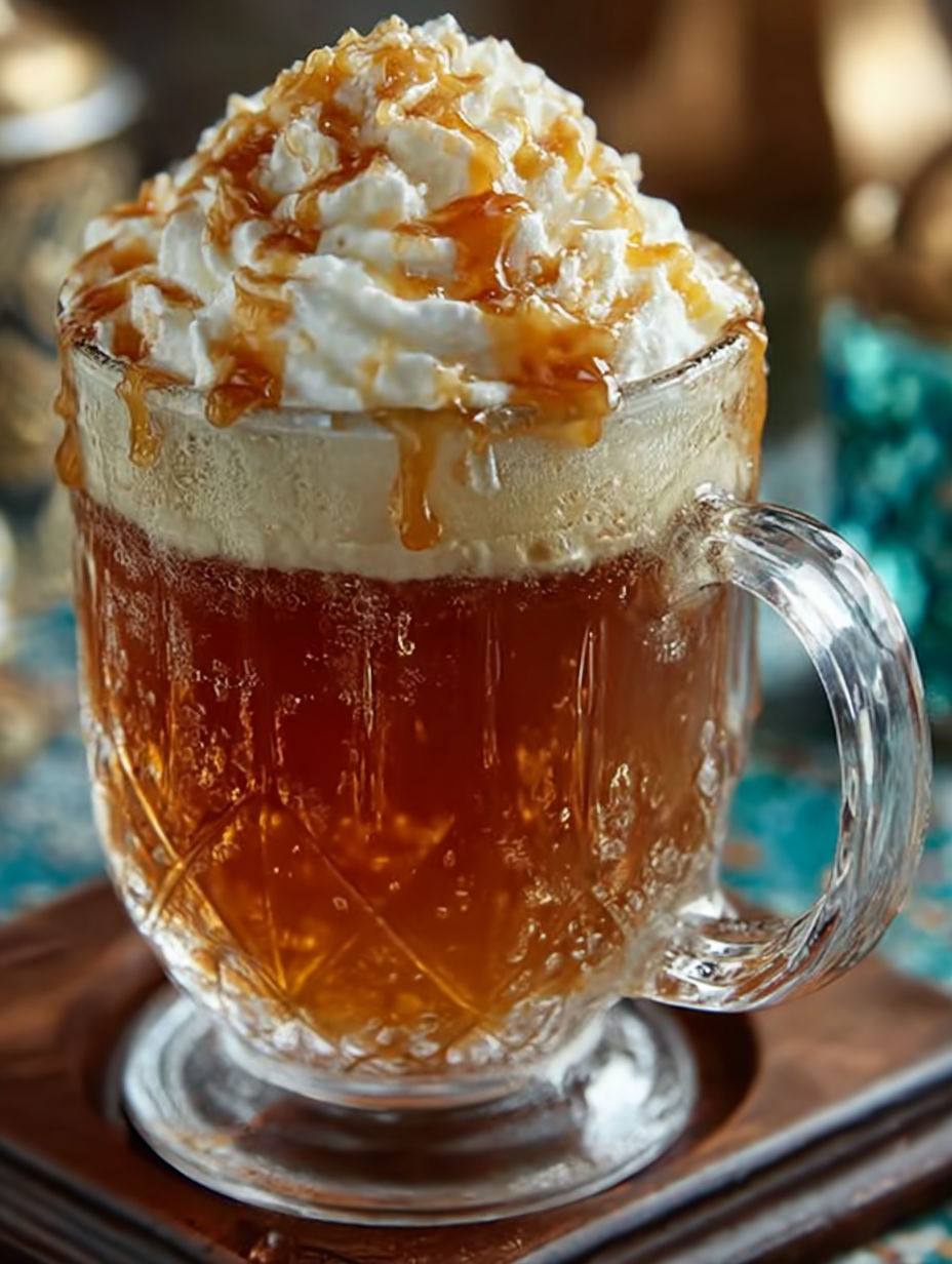 A glass of butterbeer with whipped cream.