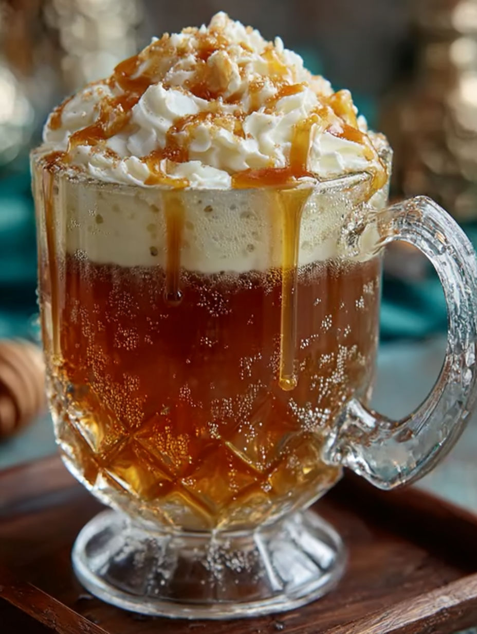 A glass of butterbeer with whipped cream.