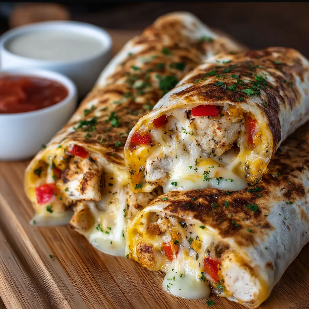 A cheesy garlic chicken wrap on a wooden table.