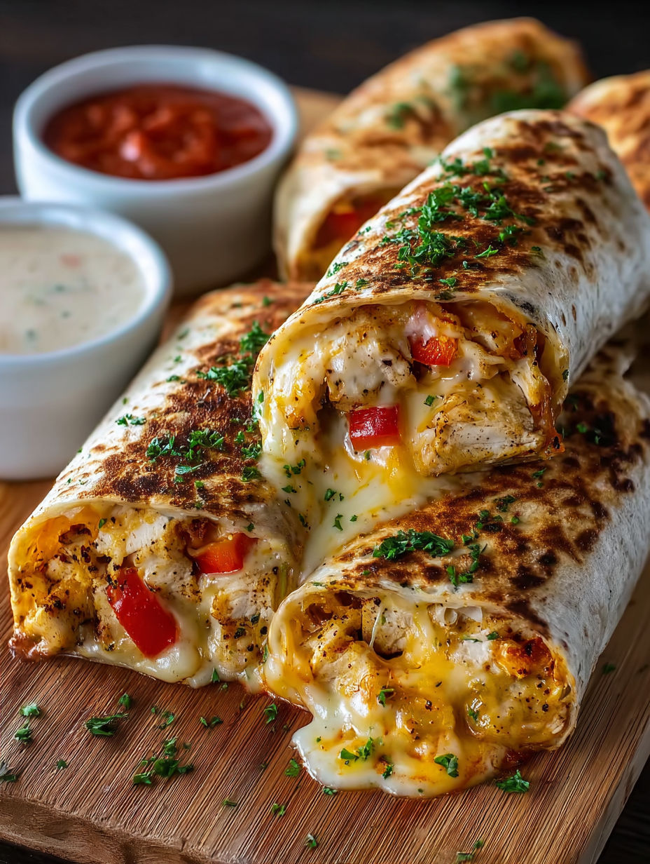 A plate of cheesy garlic chicken wraps.