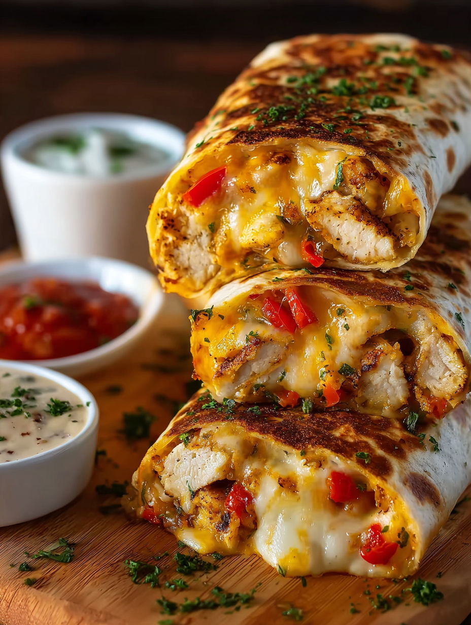 A plate of food with a cheesy garlic chicken wrap.