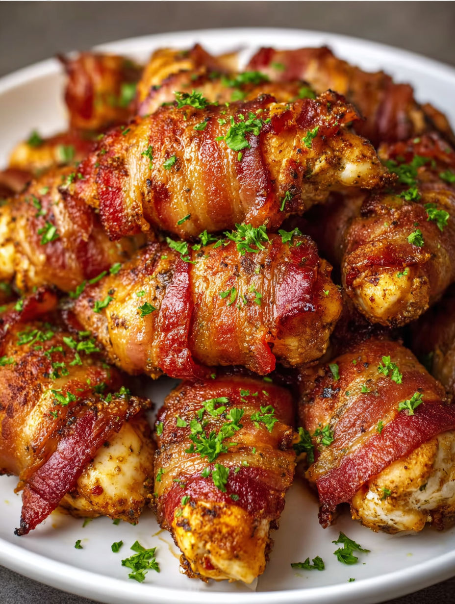 Bacon wrapped chicken tenders on a plate.