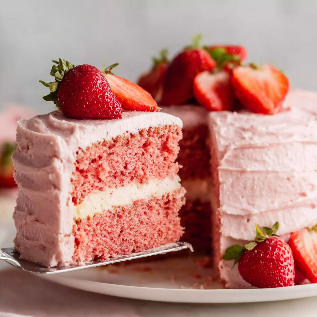 A slice of cake with strawberries on top.