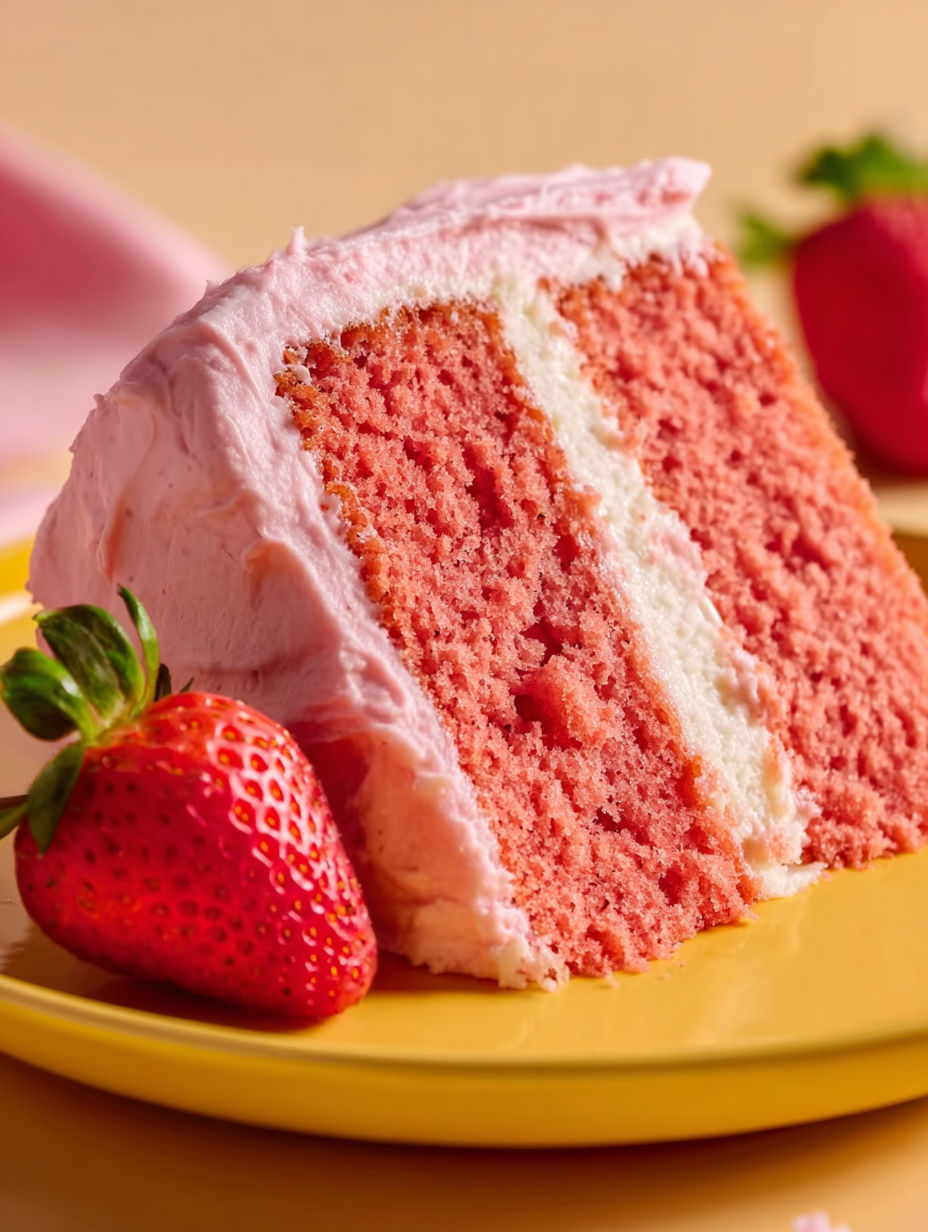 A slice of cake with strawberries on top.