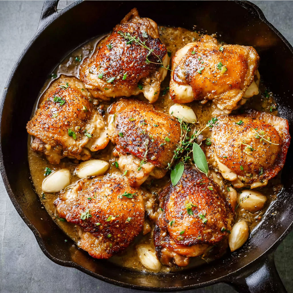 A pan of chicken with garlic and herbs.