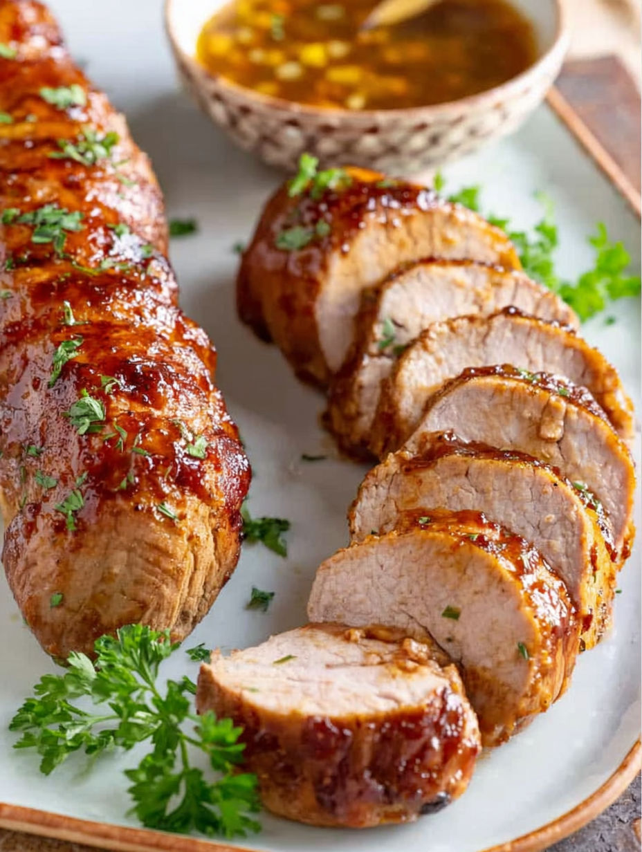 Slow cooker pork tenderloin with sauce.