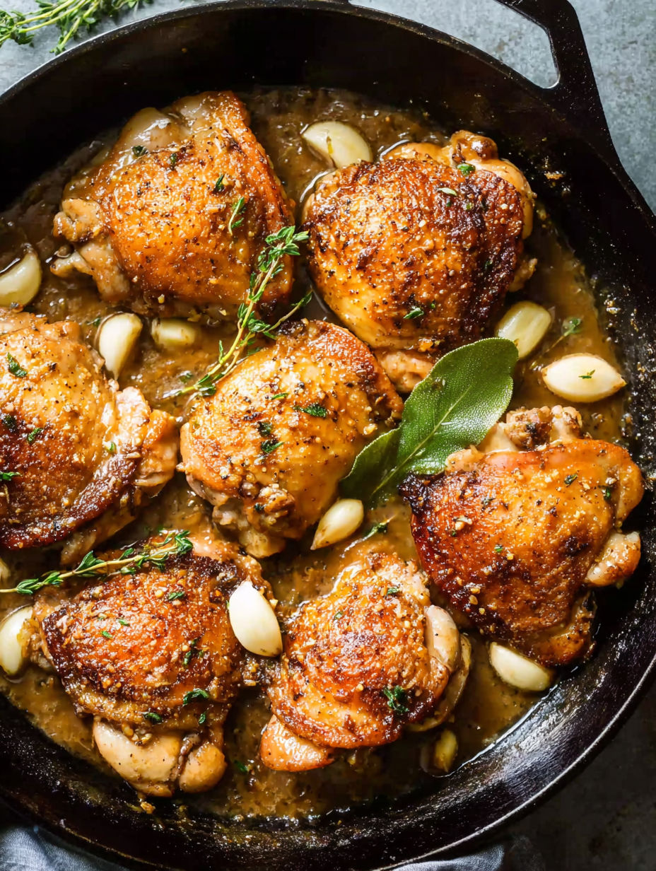 A pan of chicken with garlic and herbs.