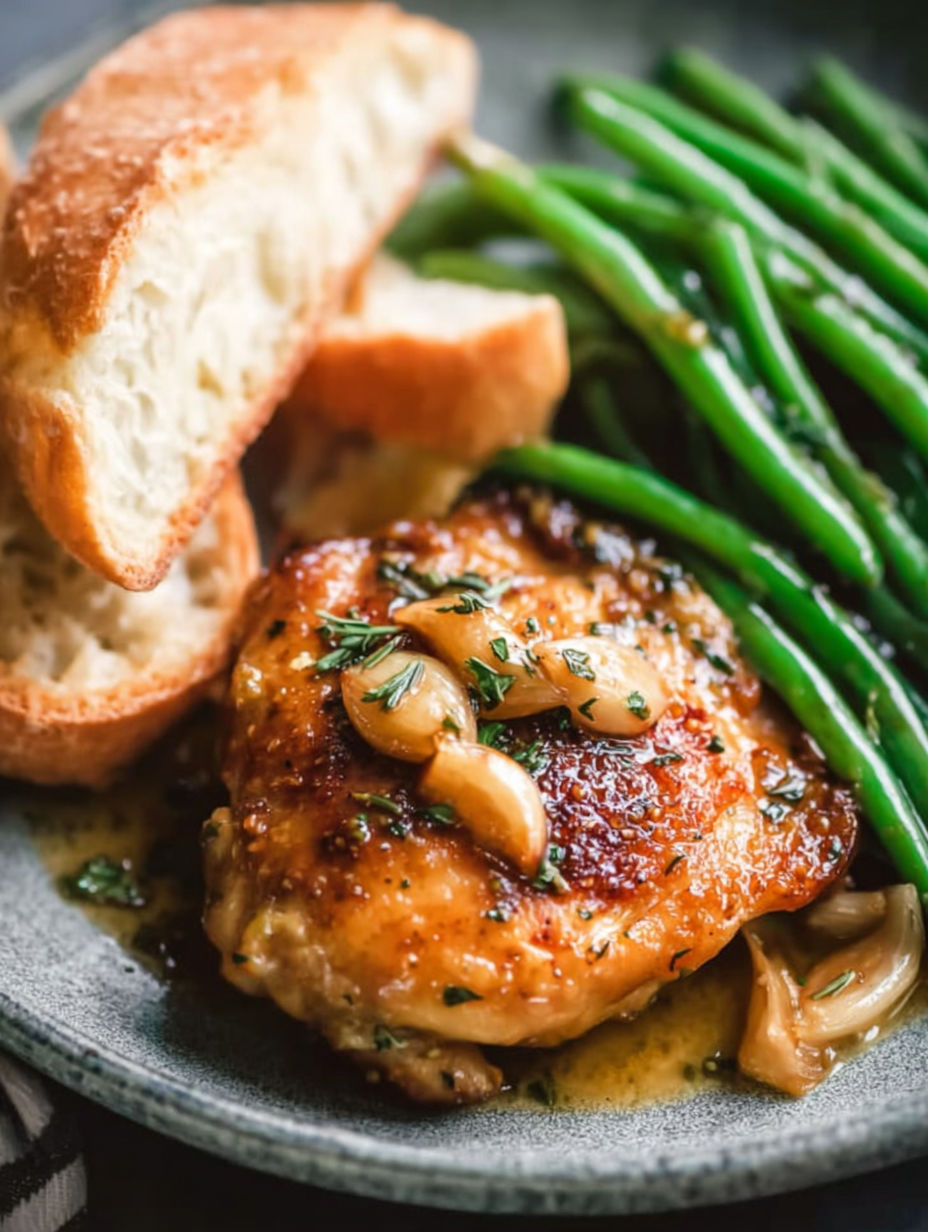 A plate of garlic chicken with green beans.