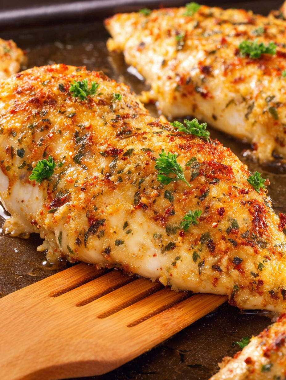 Baked garlic parmesan chicken on a wooden spatula.