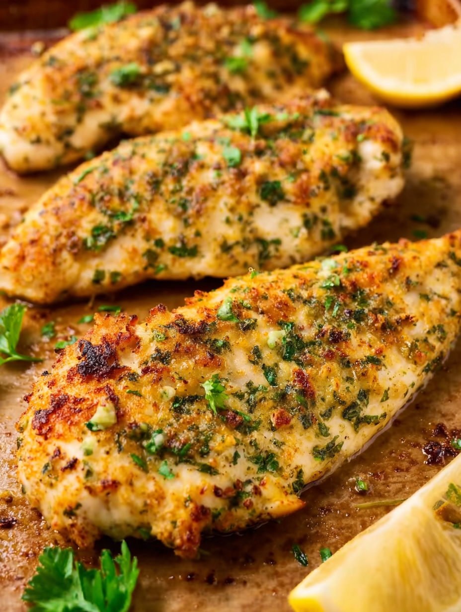 Baked garlic parmesan chicken with lemon wedge.