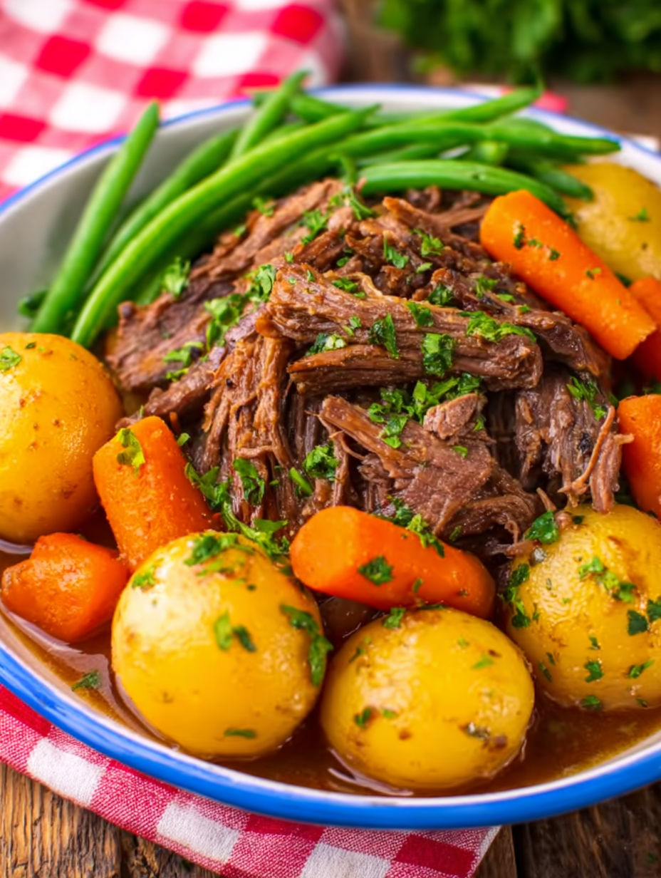 A plate of food with beef, potatoes, carrots, and green beans.