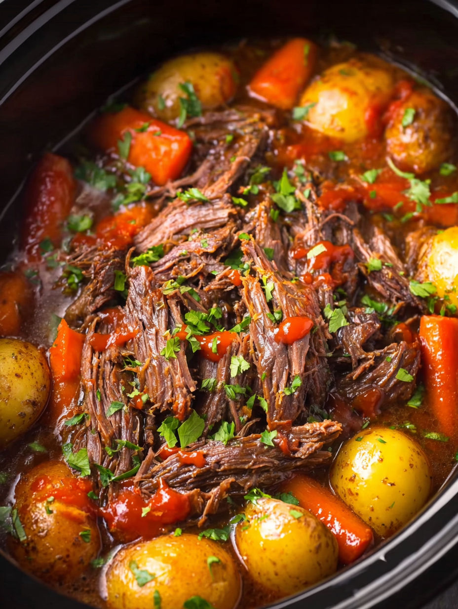 A crock pot filled with beef and vegetables.