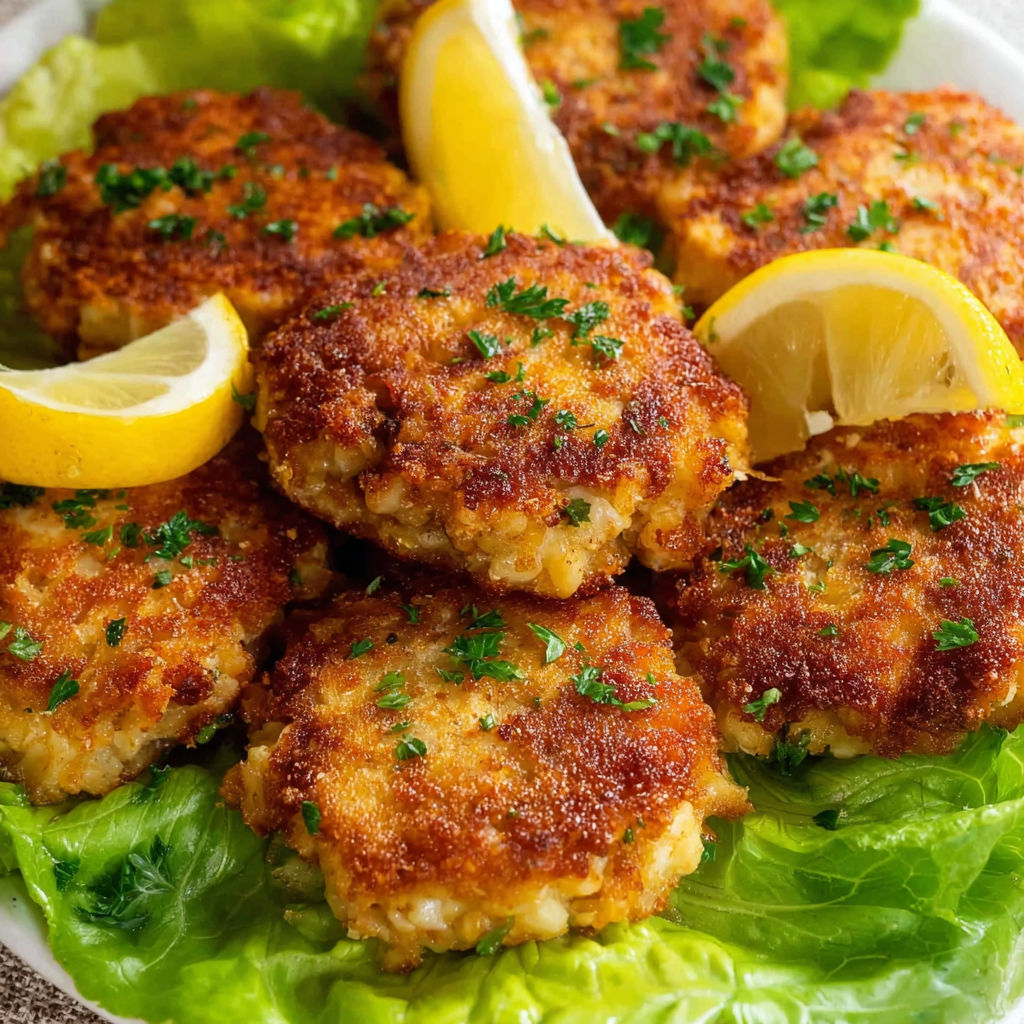 A plate of crab cakes with lemon wedges on top.