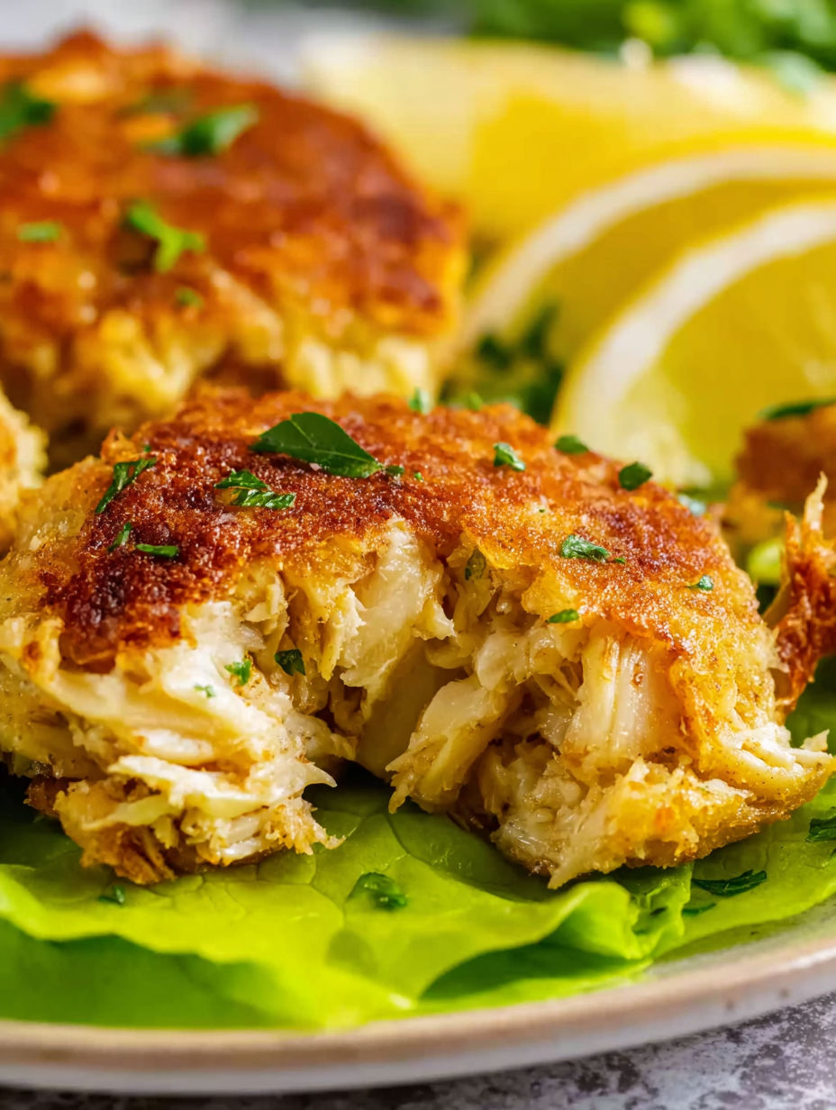 A plate of crab cakes with lemon wedges on the side.