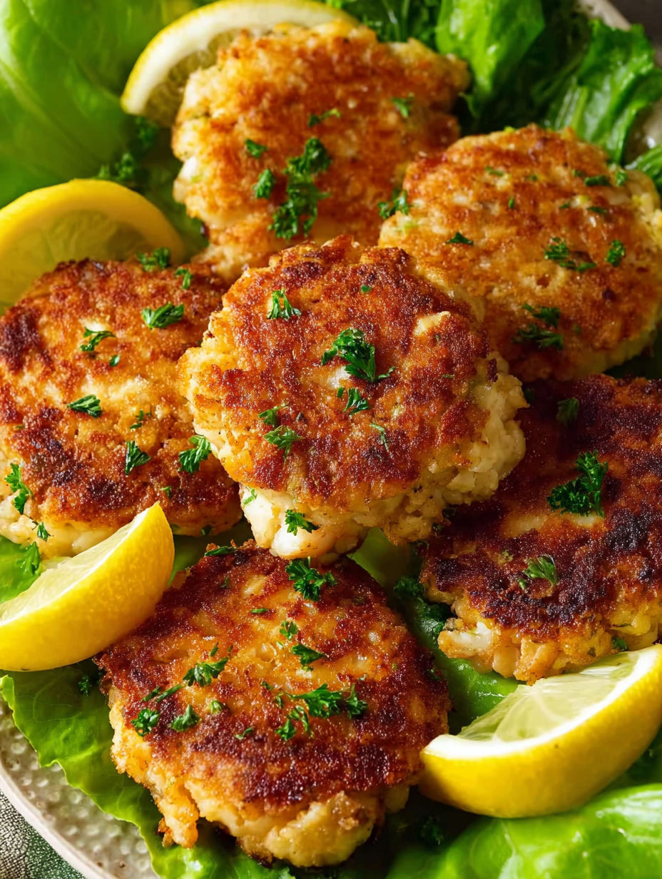 A plate of Southern Crab Cakes with lemon wedges on top.