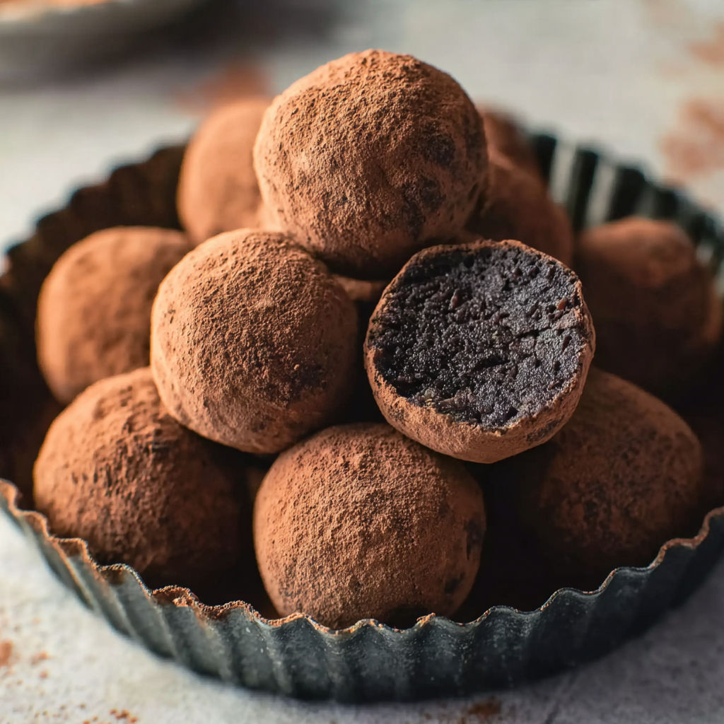 A bowl of chocolate balls with a black spot in the middle.