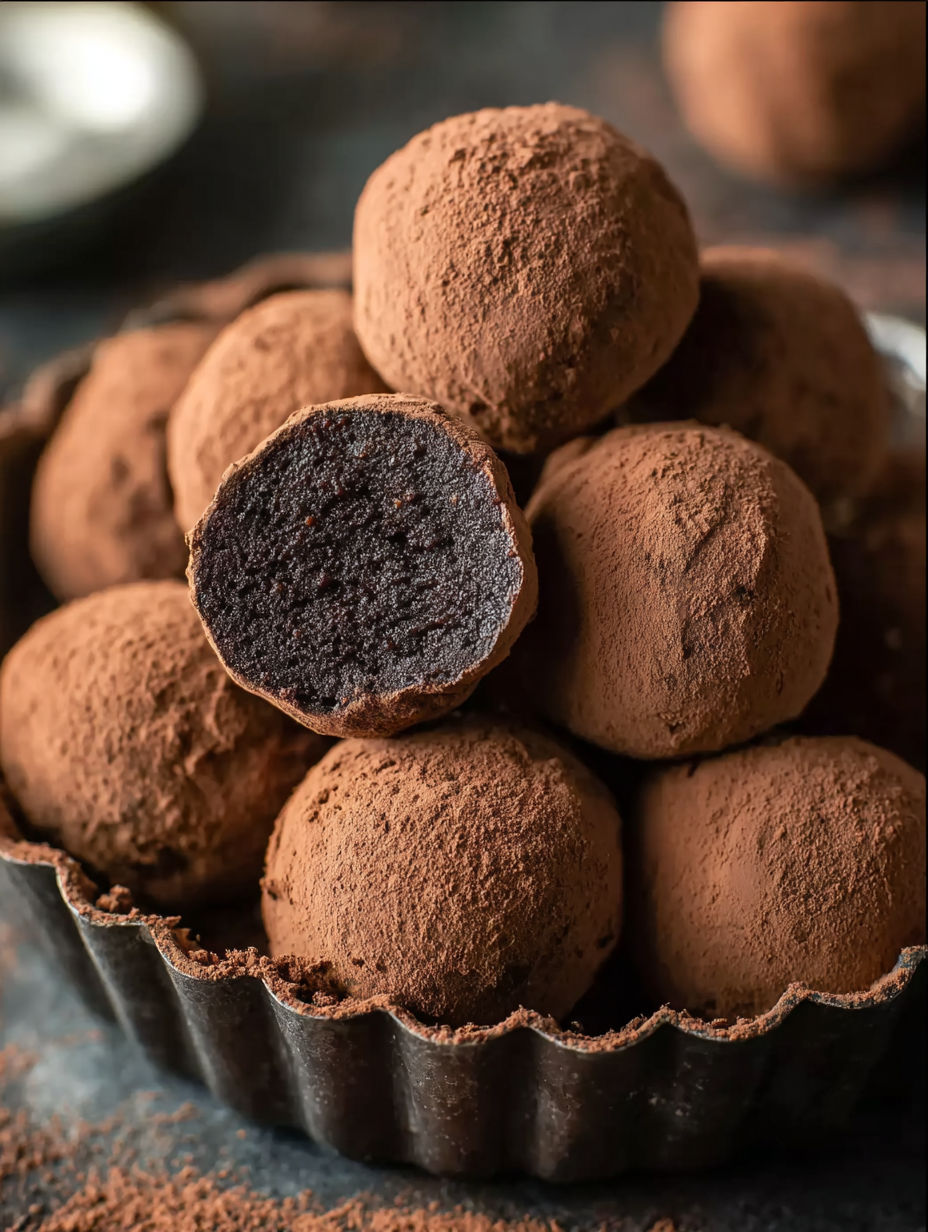 A container of chocolate balls with a black center.
