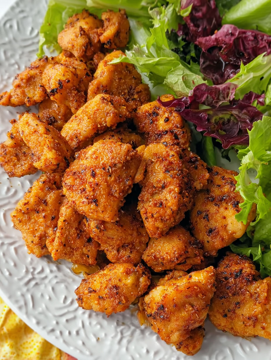 A plate of brown sugar mustard rubbed chicken bites.