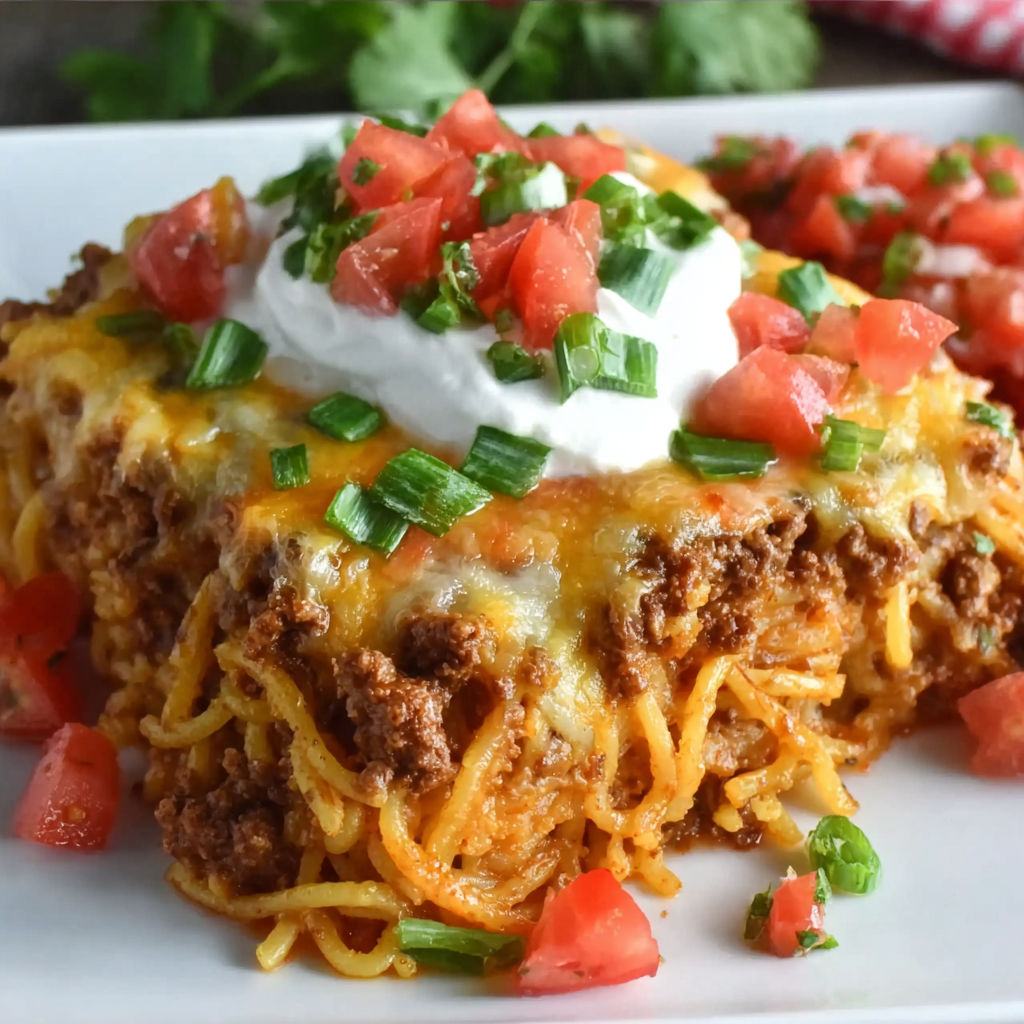 A cheesy taco spaghetti casserole with tomatoes and green onions.