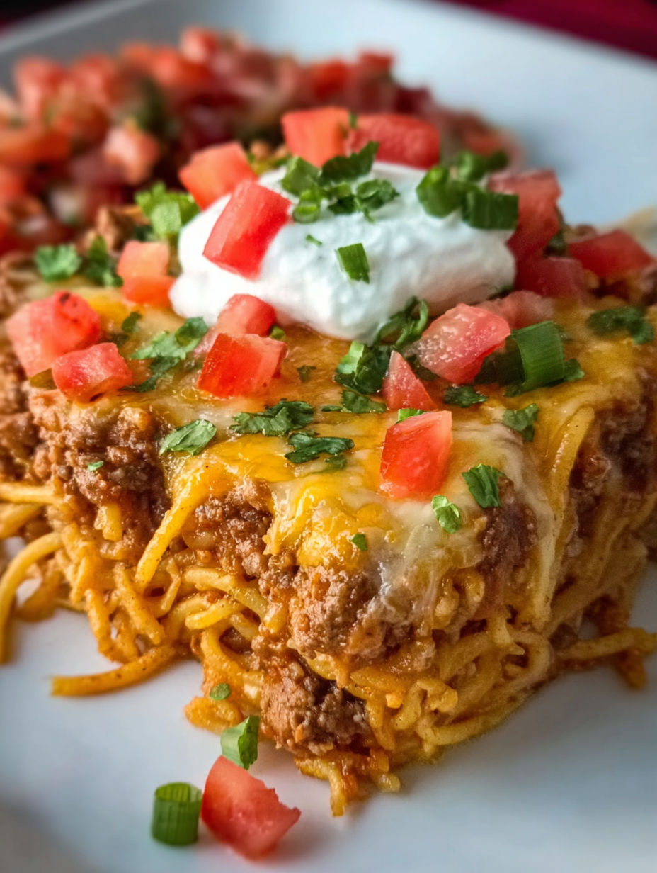 A close up of a cheesy taco spaghetti casserole.