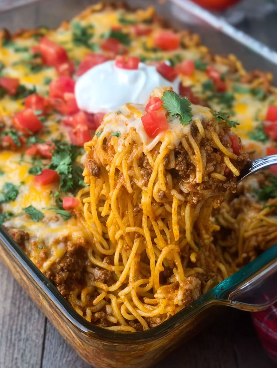 A close up of a cheesy taco spaghetti casserole.