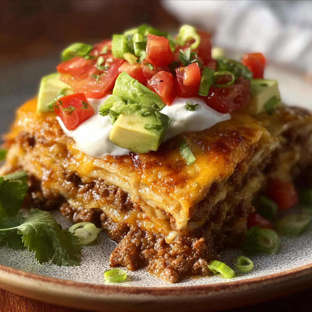 A cheesy taco lasagna dinner on a plate.