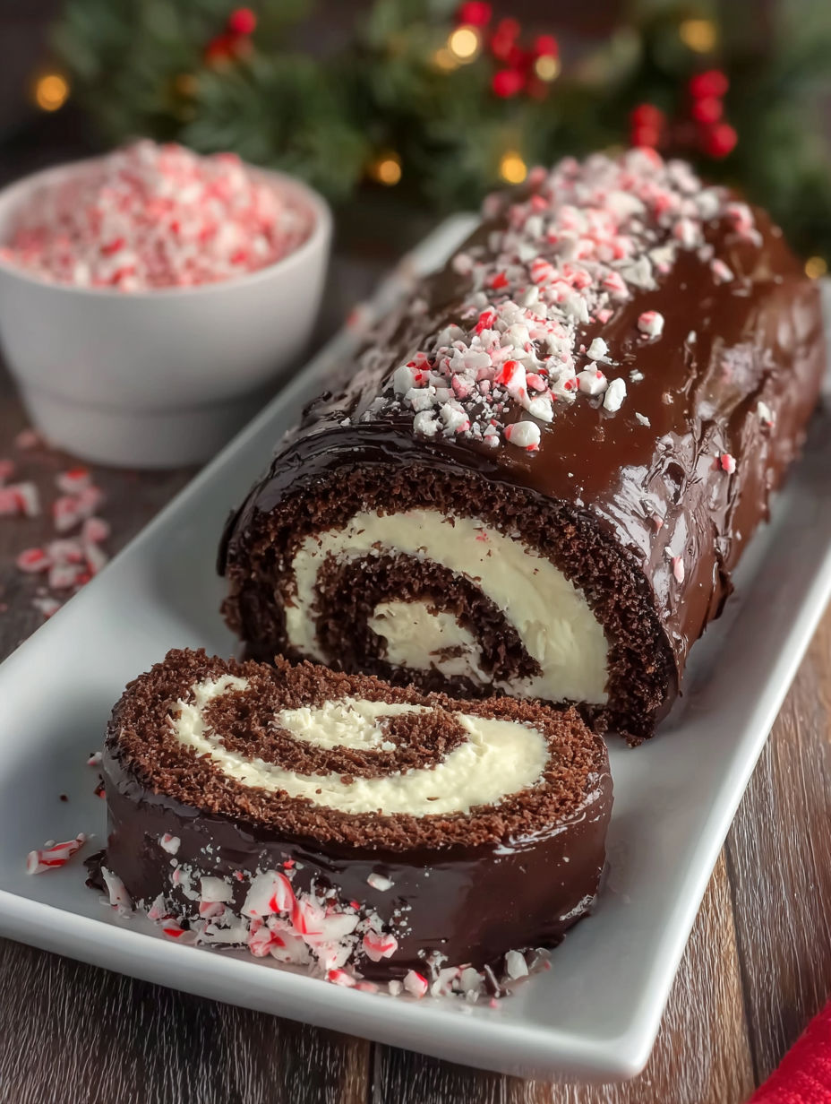 A peppermint ganache swiss roll cake.