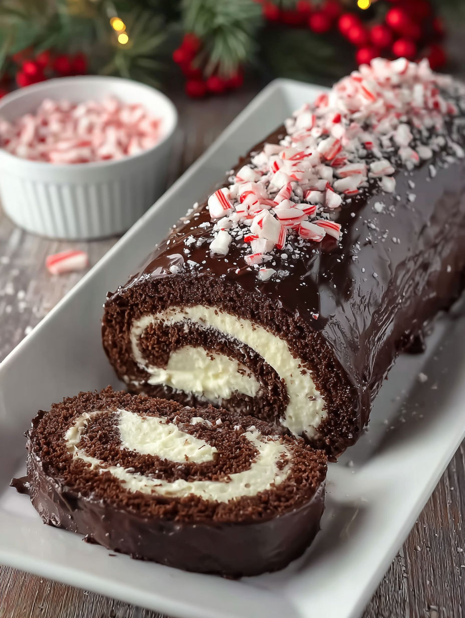 A chocolate swiss roll cake with white frosting and red peppermint sprinkles.