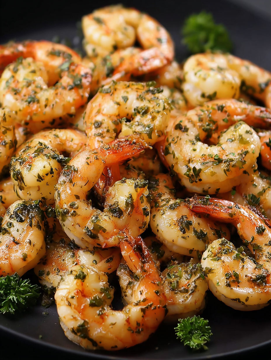 A plate of shrimp with green herbs.
