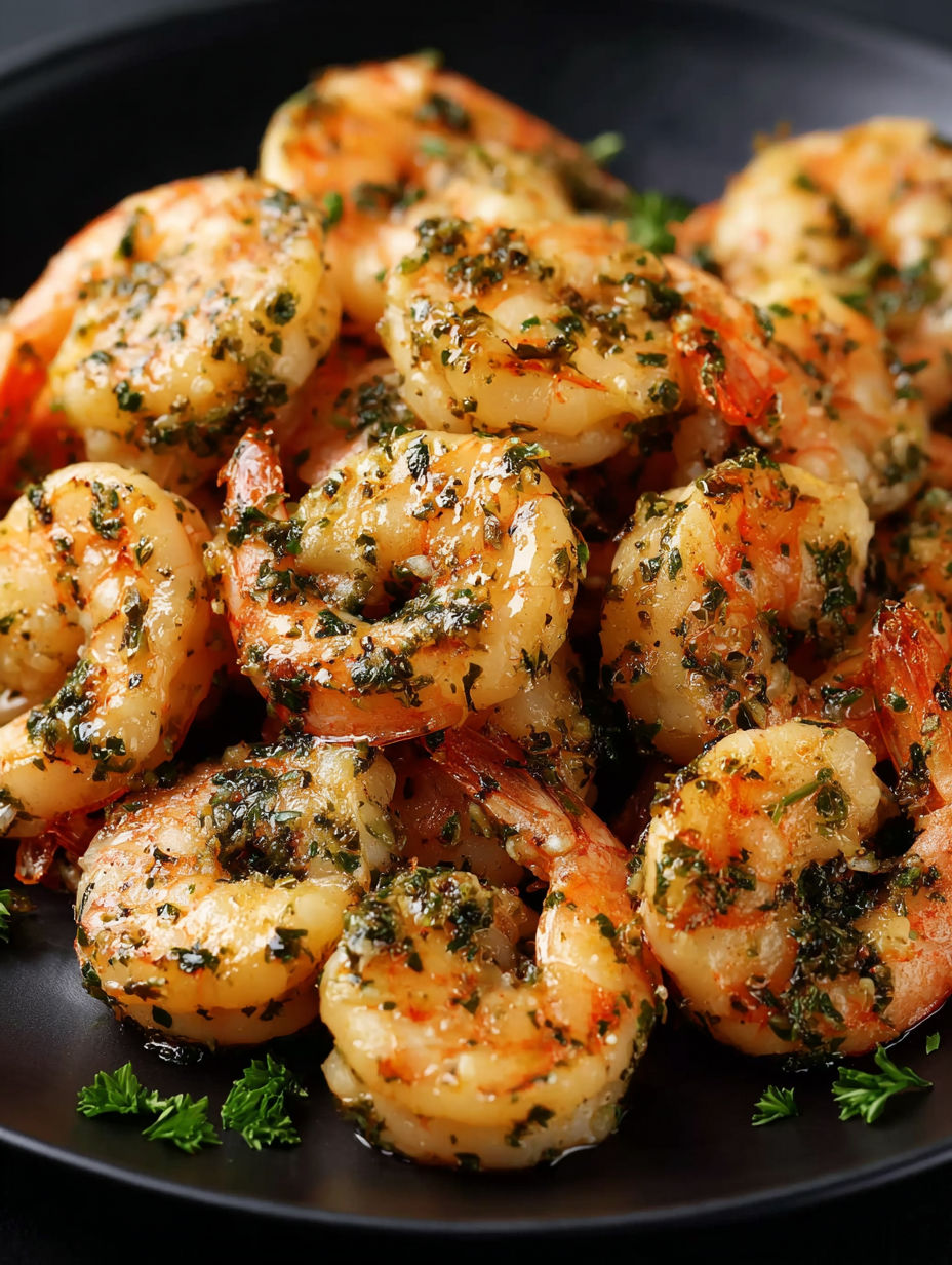 A plate of shrimp with a green sauce.