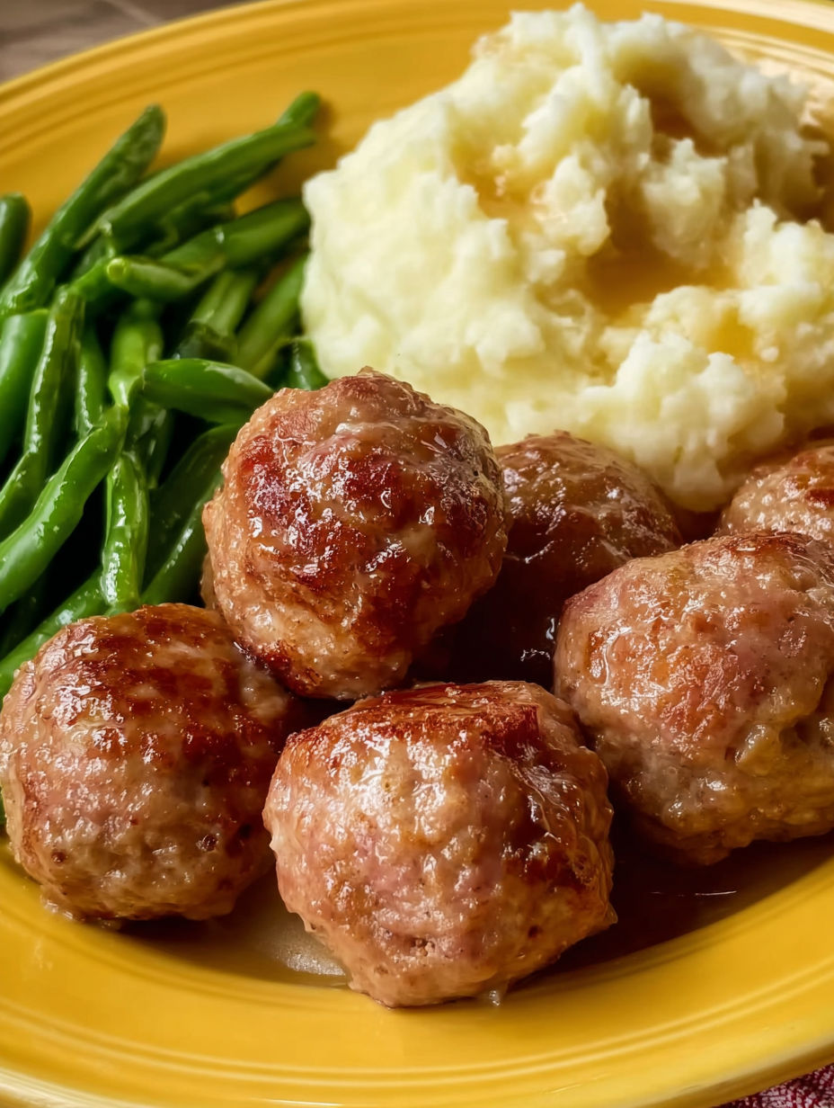 A plate of meatballs and mashed potatoes.
