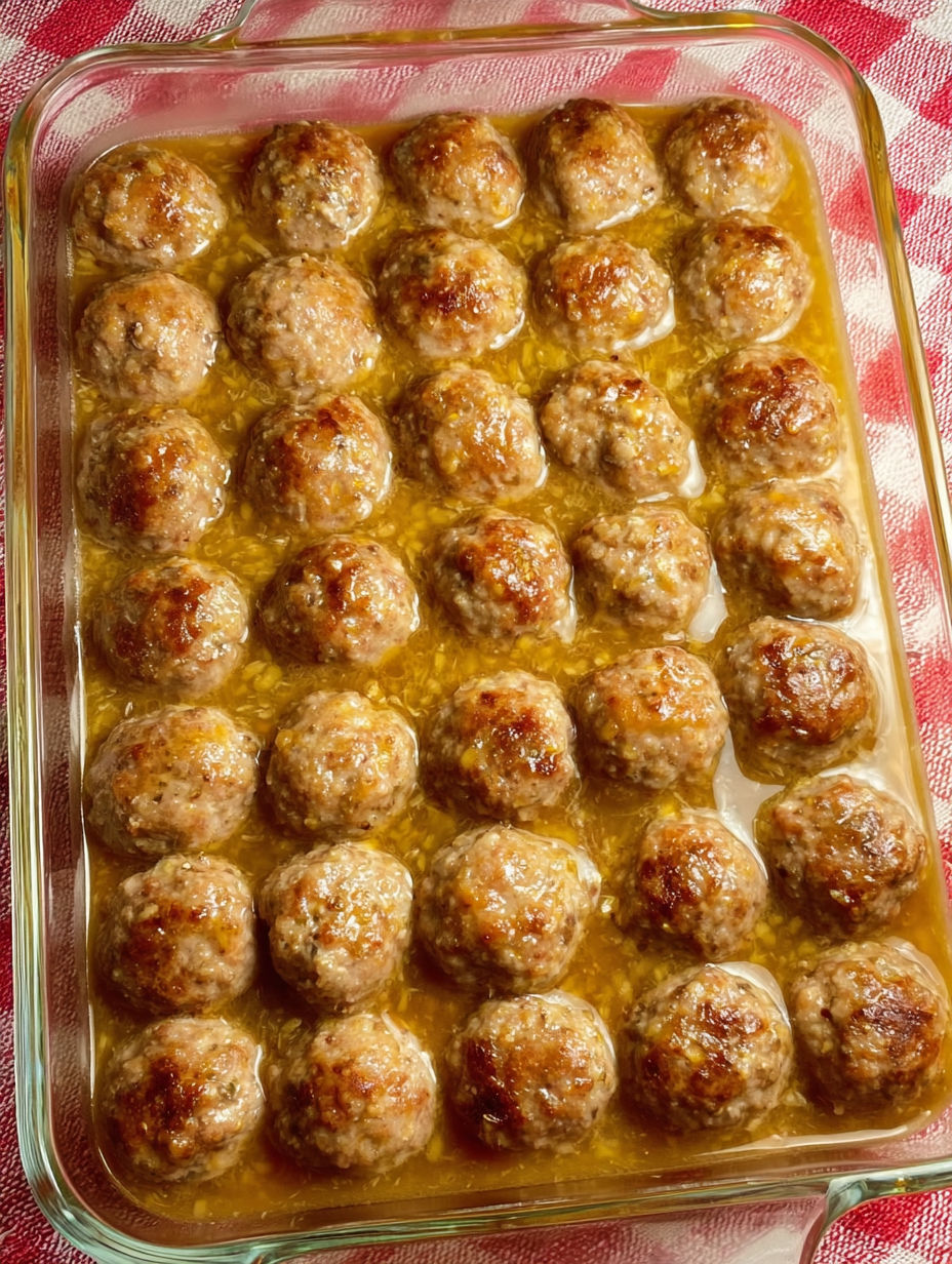 A pan of ham balls in a yellow sauce.
