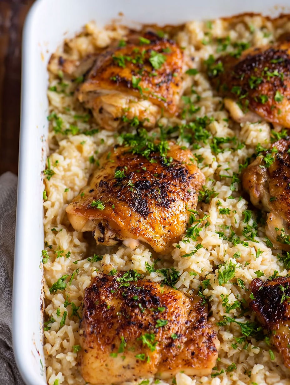 A dish of baked chicken and rice casserole.