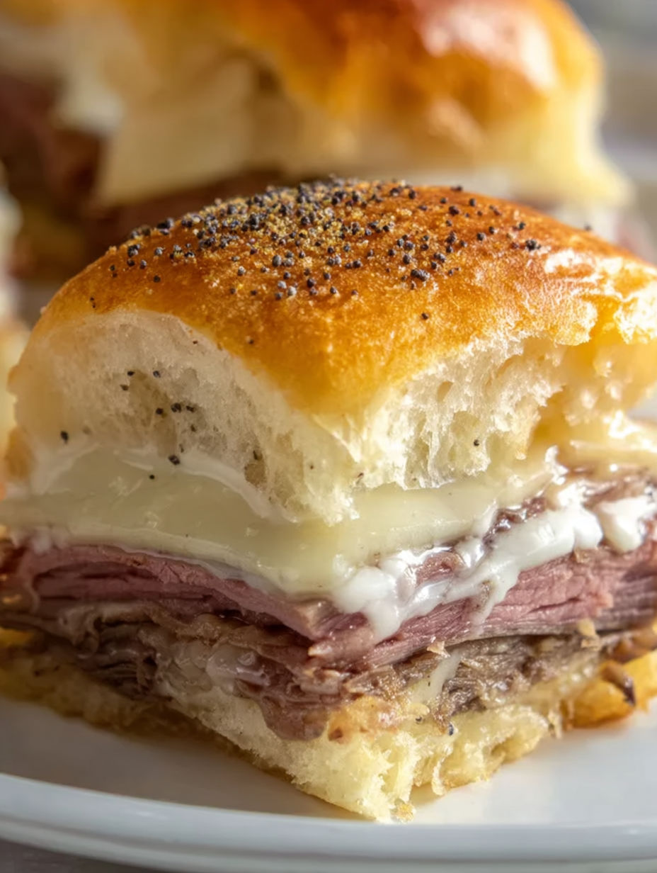 A close up of a roast beef sandwich on a Hawaiian roll.