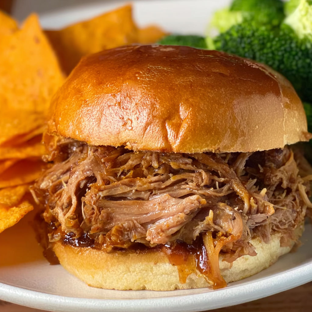 A sandwich with pulled pork on a bun.