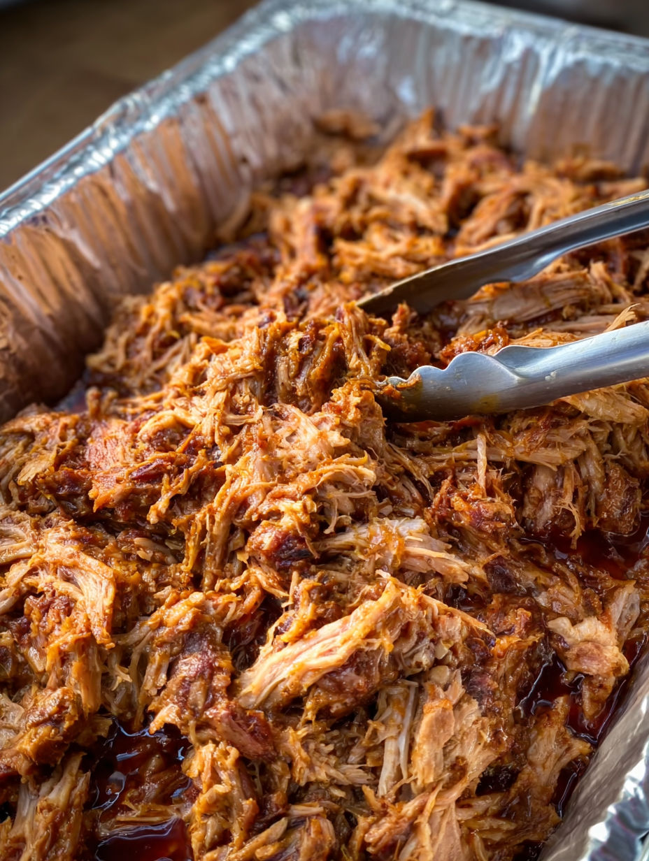A fork is stuck in a pan of pulled pork.