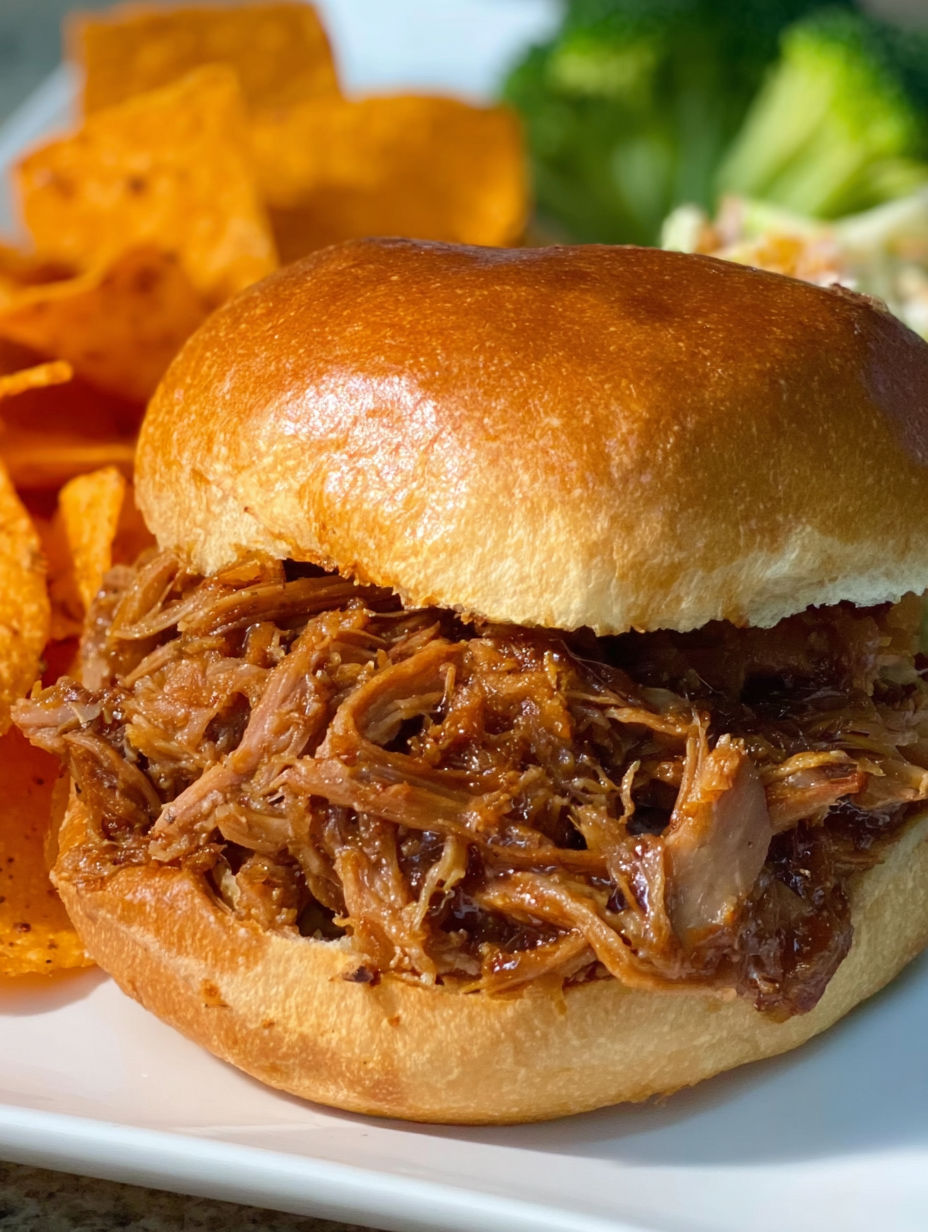 A sandwich with pulled pork on a bun.