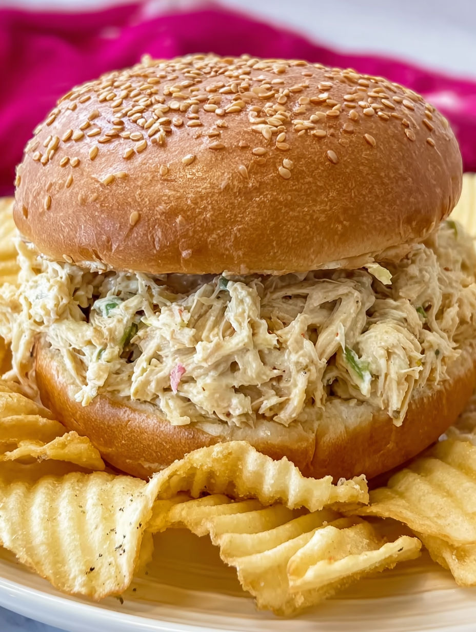 A sandwich with shredded chicken and a bun.