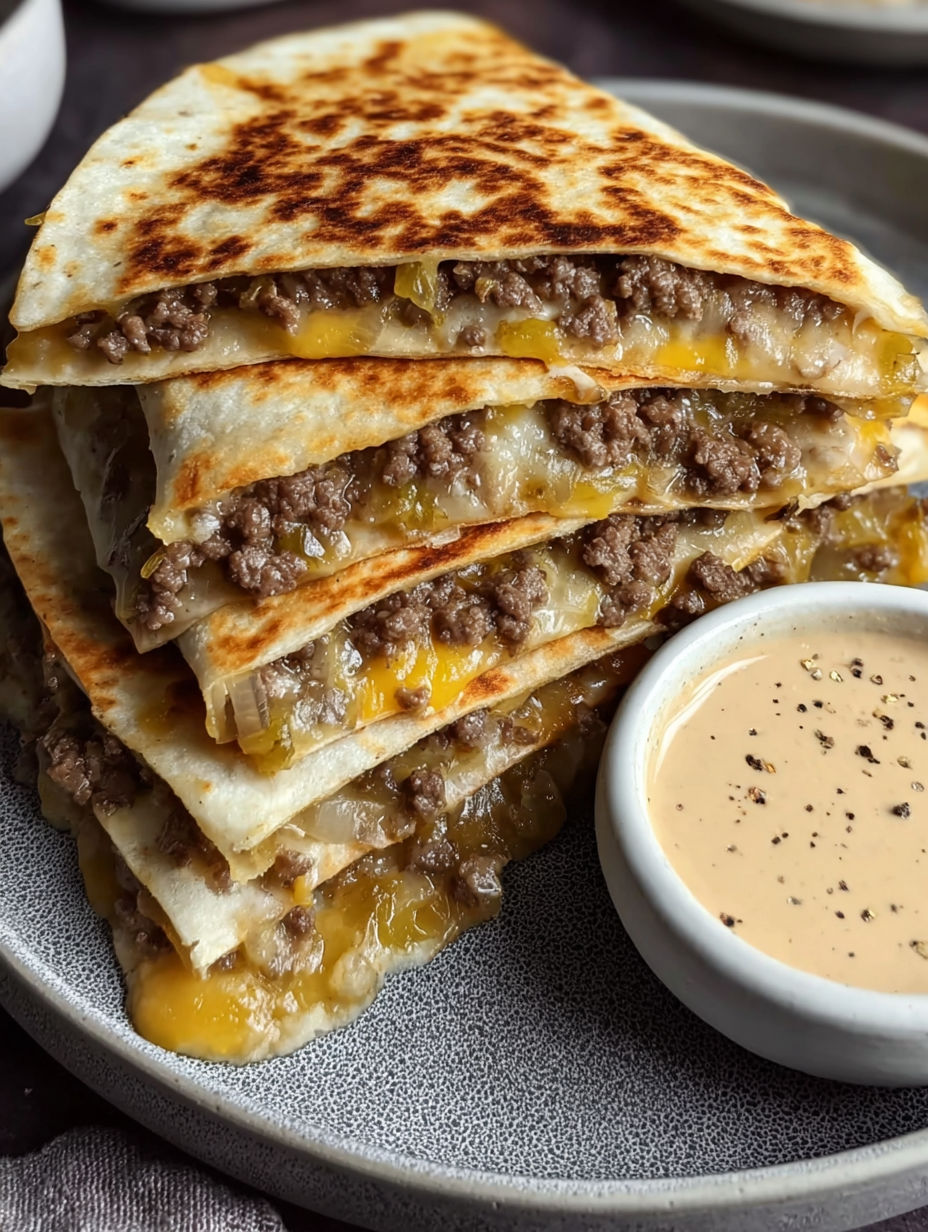 A stack of cheeseburger quesadillas with a bowl of dipping sauce.